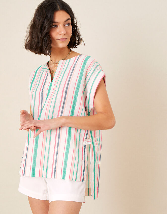 Stripe Print Top in Linen Blend, White (WHITE), large