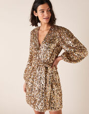 Jennifer Sequin Stretch Wrap Dress, Gold (GOLD), large