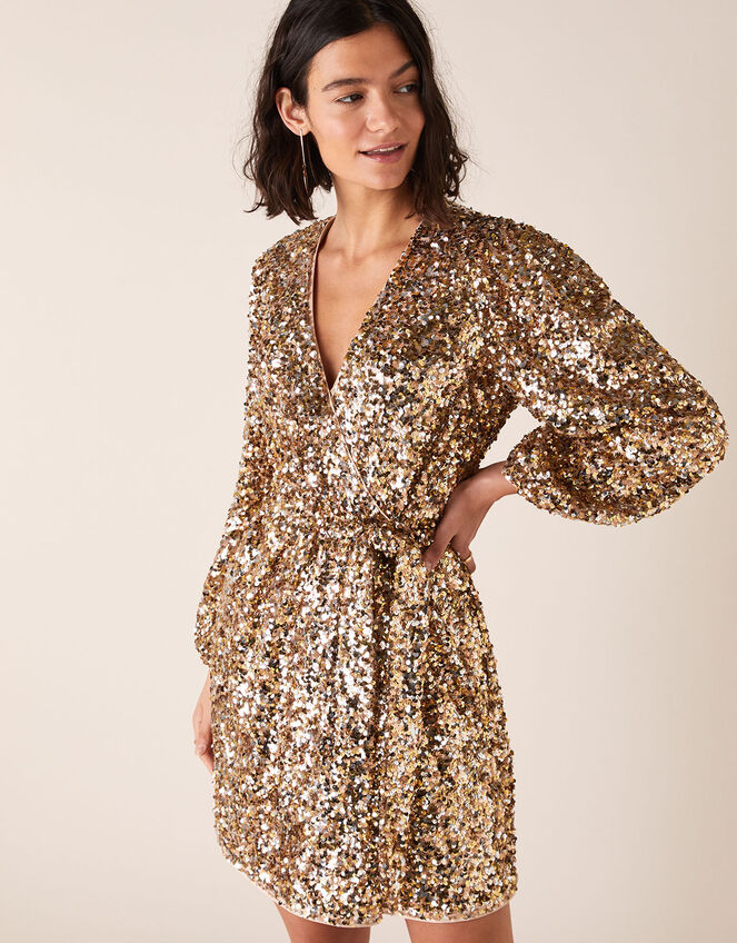 Jennifer Sequin Stretch Wrap Dress, Gold (GOLD), large