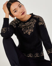 Frill Neck Floral Metallic Jumper, Black (BLACK), large