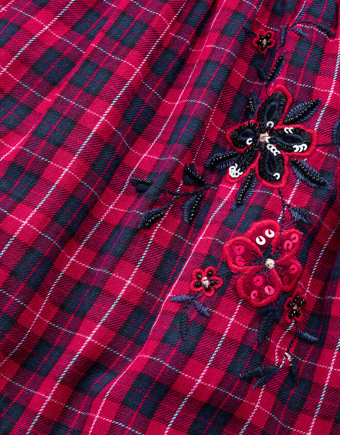 Floral Tartan Puff Sleeve Dress, Red (RED), large