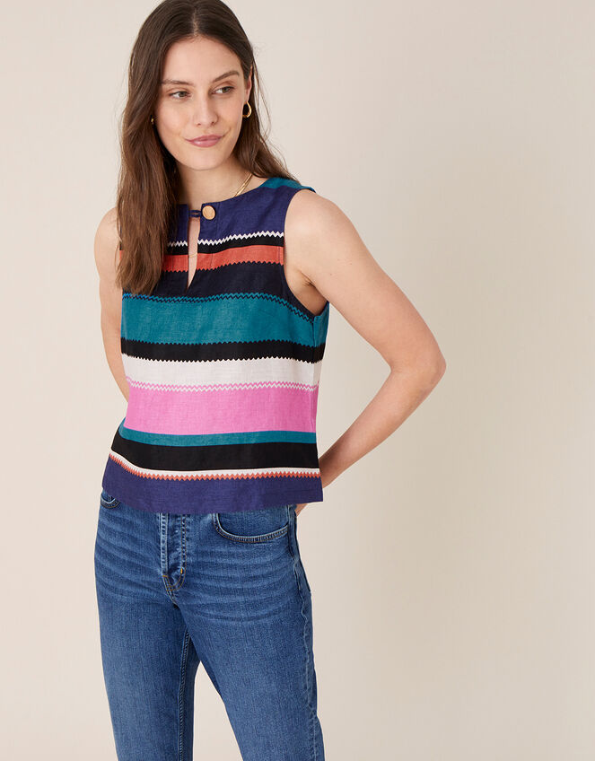 Katia Bold Stripe Top in Pure Linen, Black (BLACK), large