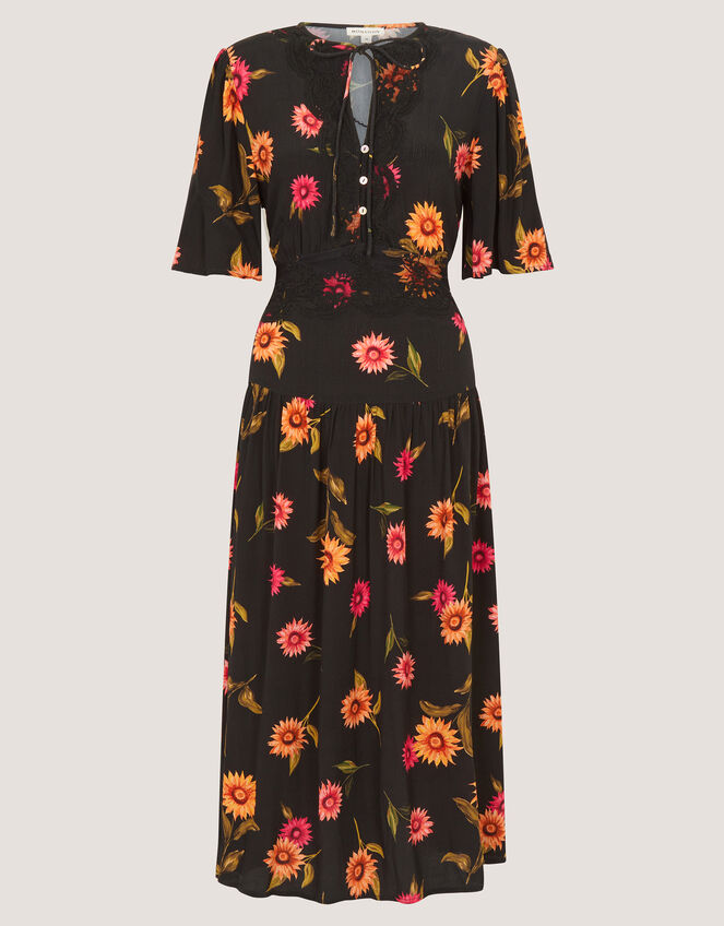 Fallon Floral Print Lace Midi Dress, Black (BLACK), large