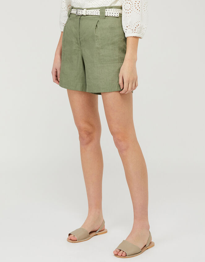 Lottie Shorts in Pure Linen, Green (KHAKI), large