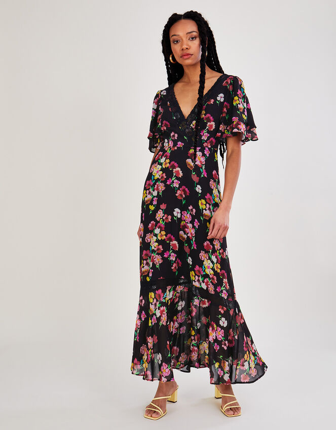 Mina Print Tea Dress in Sustainable Viscose Black | Monsoon Global ...