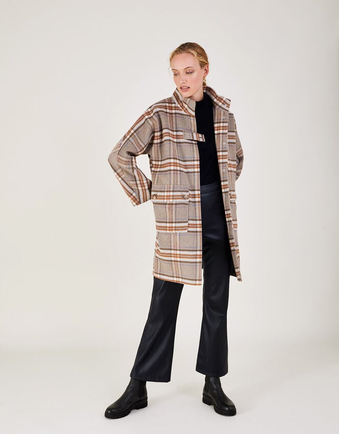 Charlee Checked Poncho Coat with Recycled Polyester, Camel (CAMEL), large
