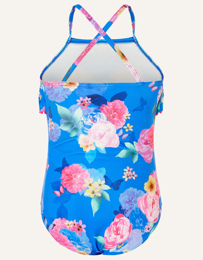 Floral Print Frill Swimsuit, Blue (BLUE), large