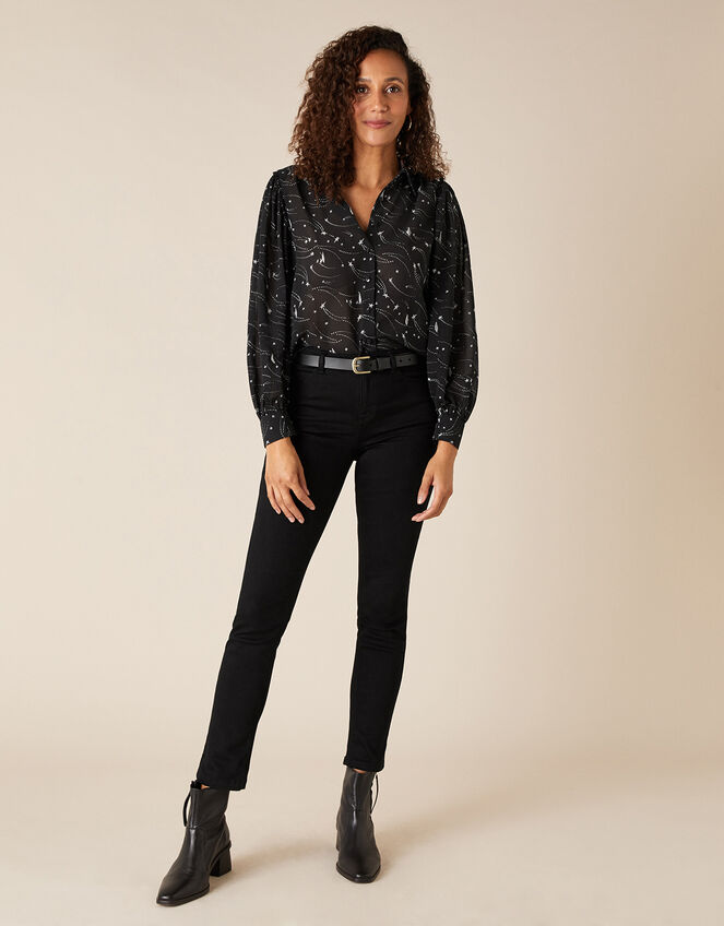 Star Print Embroidered Blouse, Black (BLACK), large