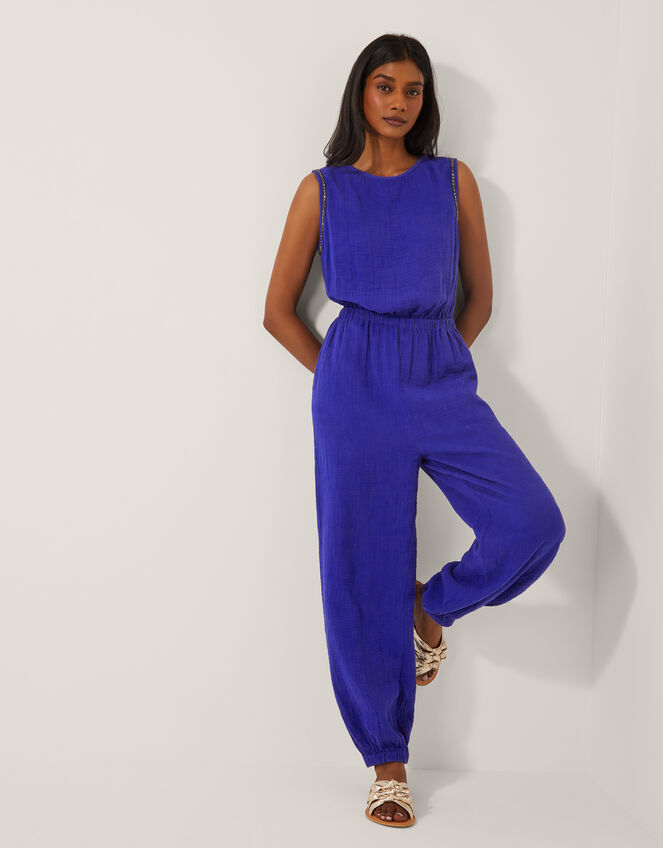 Mila Embellished Sleeveless Jumpsuit, Blue (BLUE), large