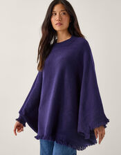 Fay Fringe Trim Poncho , Blue (NAVY), large