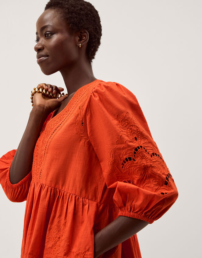 Noelle Embroidered Mini Dress, Orange (ORANGE), large