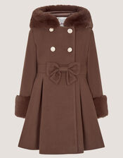 Faux Fur Hood Bow Coat, Brown (TAUPE), large