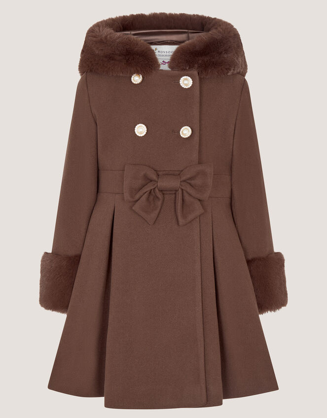 Faux Fur Hood Bow Coat, Brown (TAUPE), large