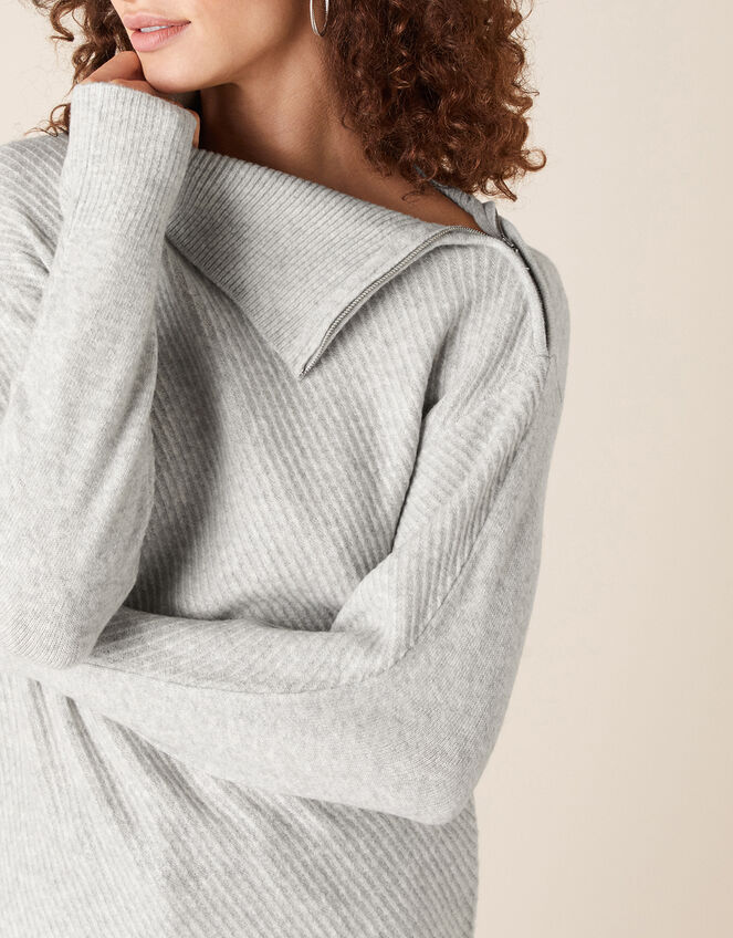 Zip Neck Stitch Knit Dress, Grey (GREY), large