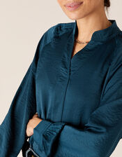 Long Sleeve Satin Blouse, Teal (TEAL), large