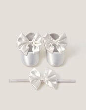Baby Satin Bow Headband & Booties Set, Ivory (IVORY), large
