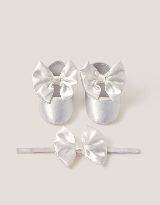 Baby Satin Bow Headband & Booties Set, Ivory (IVORY), large