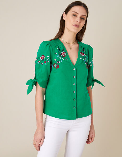 Floral Embroidered Top in Linen Blend Green, Green (GREEN), large
