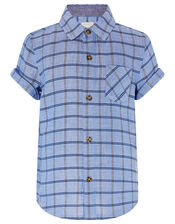 Check Short Sleeve Shirt in Pure Cotton, Blue (BLUE), large