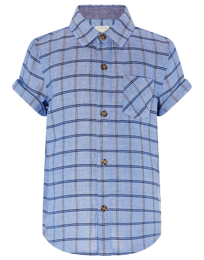Check Short Sleeve Shirt in Pure Cotton, Blue (BLUE), large