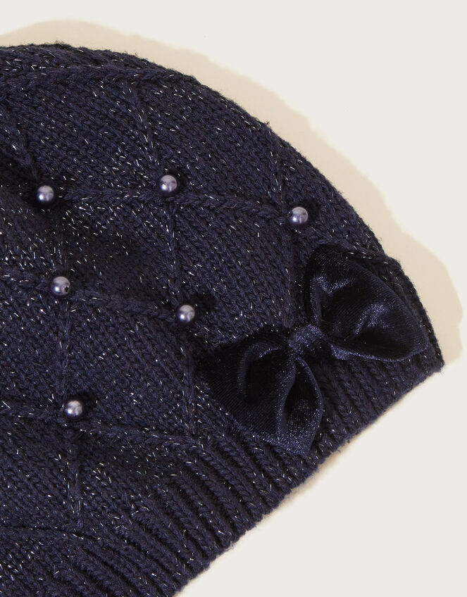 Bow Pearly Knit Beanie Hat with Recycled Polyester, Blue (NAVY), large