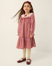 Lace Collar Embroidered Gingham Dress, Red (BURGUNDY), large