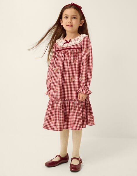 Lace Collar Embroidered Gingham Dress, Red (BURGUNDY), large