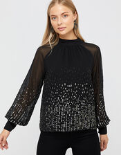 Leah Sequin Blouse, Black (BLACK), large