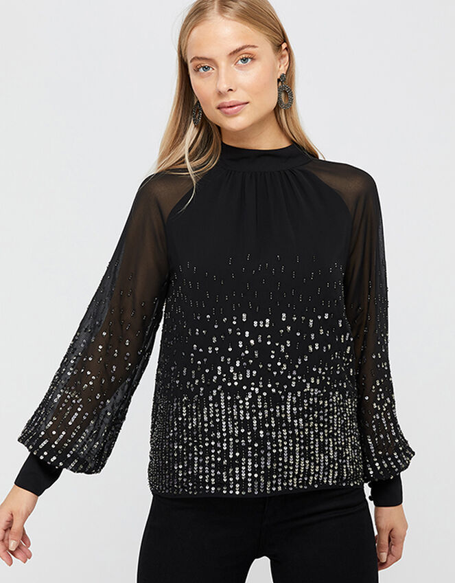 Leah Sequin Blouse, Black (BLACK), large