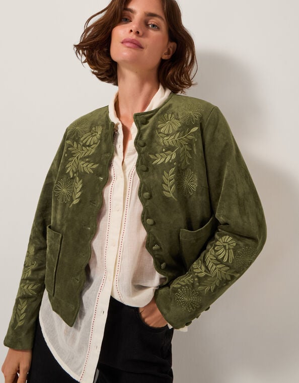 Ari Embroidered Suedette Jacket, Green (KHAKI), large