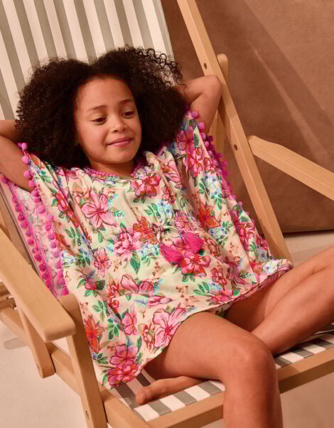 Floral Print Pom Pom Kaftan, White (WHITE), large