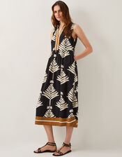Pamela Linen Blend Leaf Print Midi Dress, Black (BLACK), large