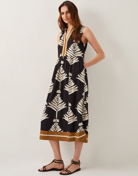 Pamela Linen Blend Leaf Print Midi Dress, Black (BLACK), large