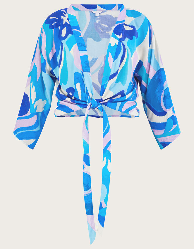 Tie Front Swirl Print Crop Top, Blue (BLUE), large