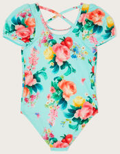 Floral Puff Sleeve Swimsuit, Blue (TURQUOISE), large