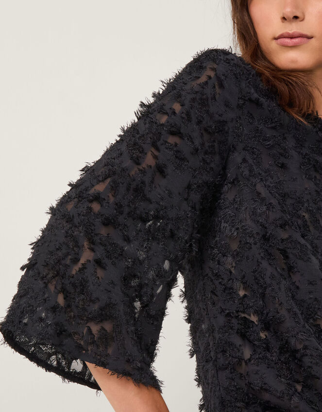 Chrissy Sheer Textured ¾ Sleeve Top, Black (BLACK), large