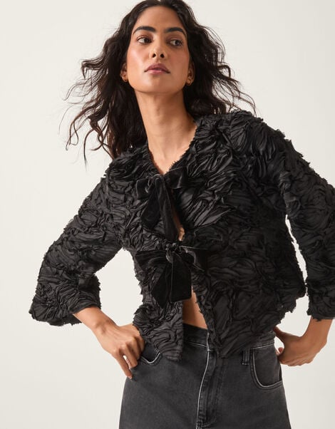 Tia Tie-Front Textured Jacket, Black (BLACK), large