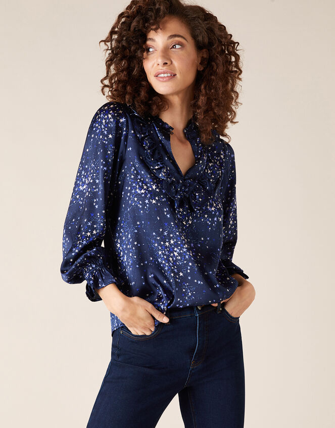 Star Print Satin Blouse, Blue (NAVY), large