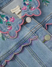 Floral Embroidered Frill Denim Jacket, Blue (BLUE), large