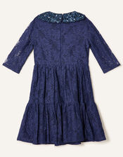 Lace Dress with Detachable Collar , Blue (NAVY), large