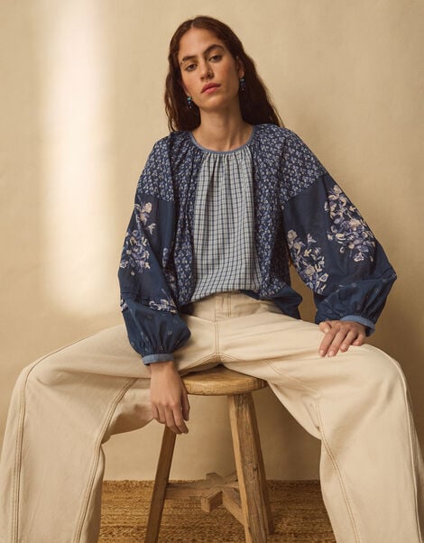 East Milly Floral Patchwork Blouse, Blue (BLUE), large