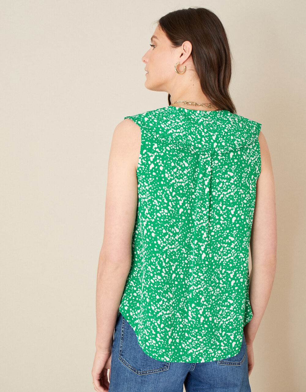 Leila Print Collar Sleeveless Top Green Vests, Camisoles And