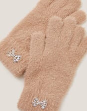 Jewel Bow Fuzzy Gloves, Camel (CAMEL), large