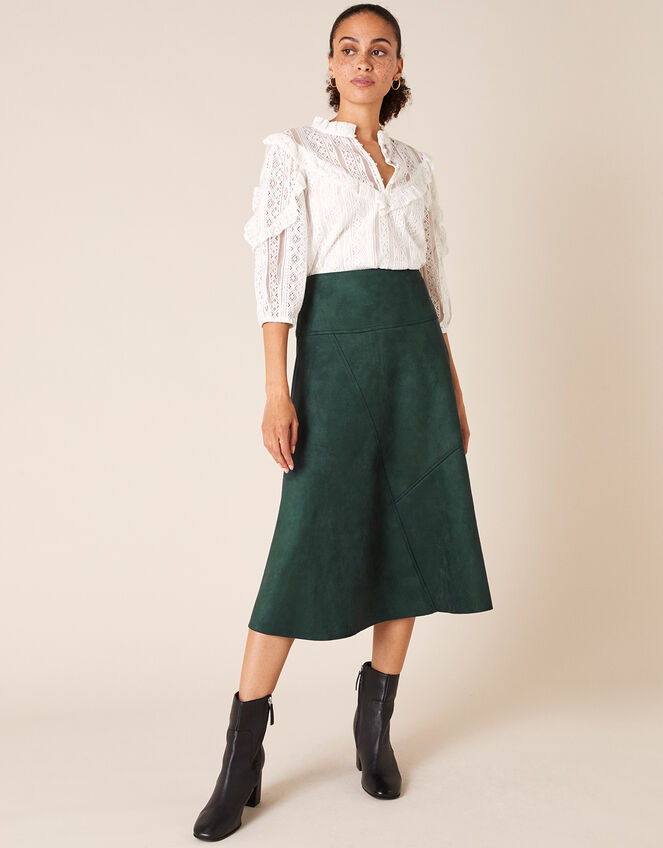 Suedette Midi Skirt with Recycled Fabric, Green (DARK GREEN), large