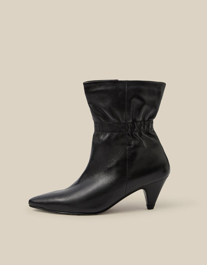 Fia Ruched Leather Kitten Heel Boots, Black (BLACK), large