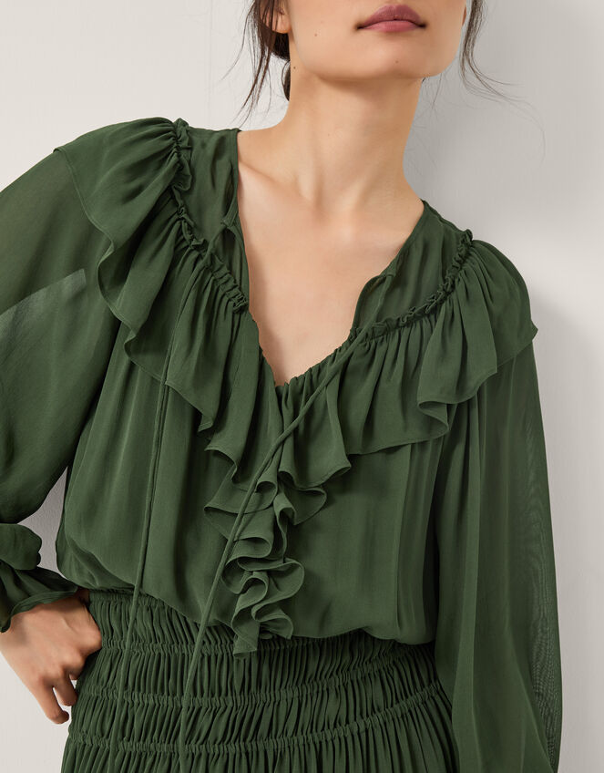 Suki Long Sleeve Ruffle Maxi Dress, Green (KHAKI), large