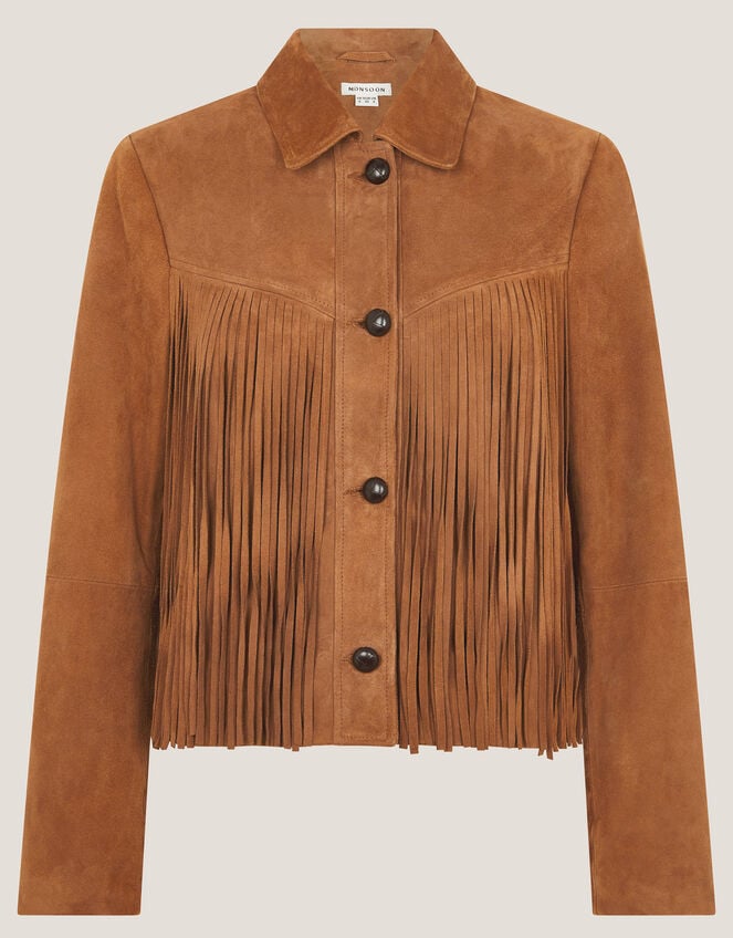 Lily Fringe Suede Jacket, Tan (TAN), large