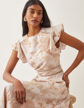 Josie Flutter Sleeve Floral Jacquard Midi Dress, Pink (BLUSH), large