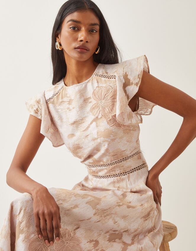 Josie Flutter Sleeve Floral Jacquard Midi Dress, Pink (BLUSH), large