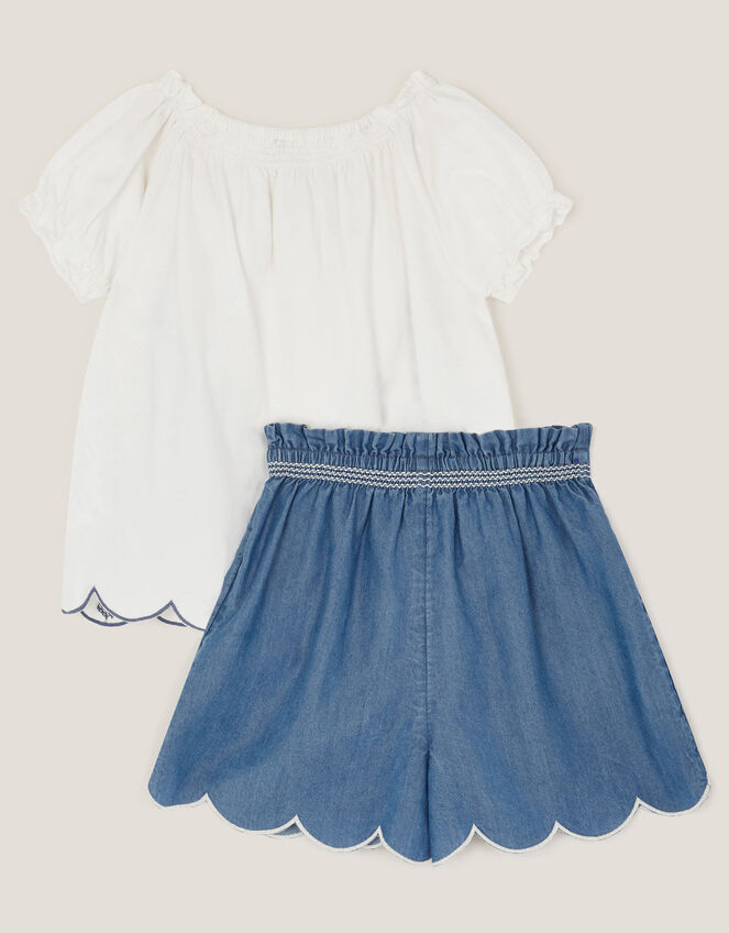 Embroidered Top & Scallop Shorts Set, Blue (BLUE), large